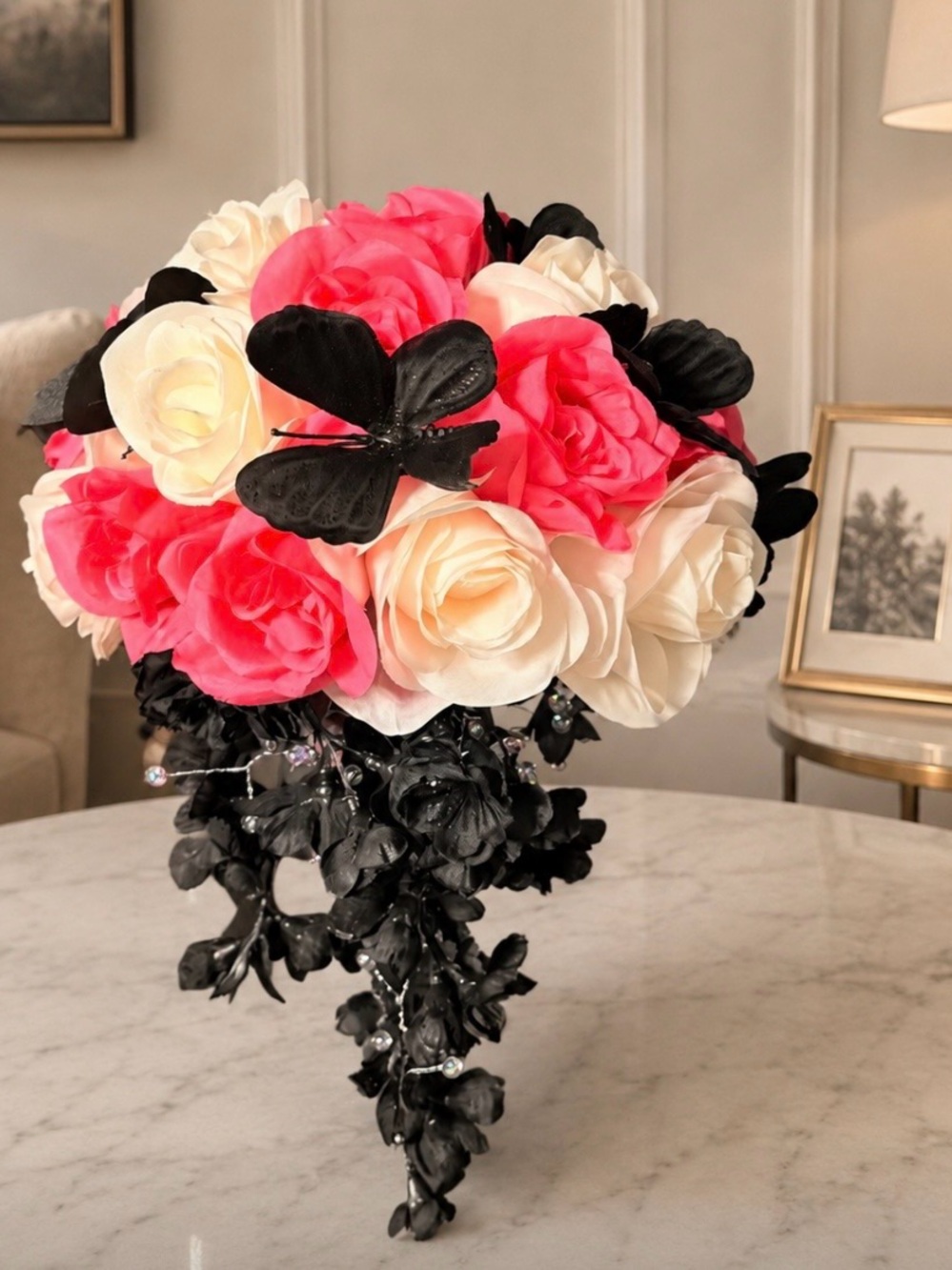 Faux Rose Bouquet with Cream & Pink Blooms and Black Butterfly Accents